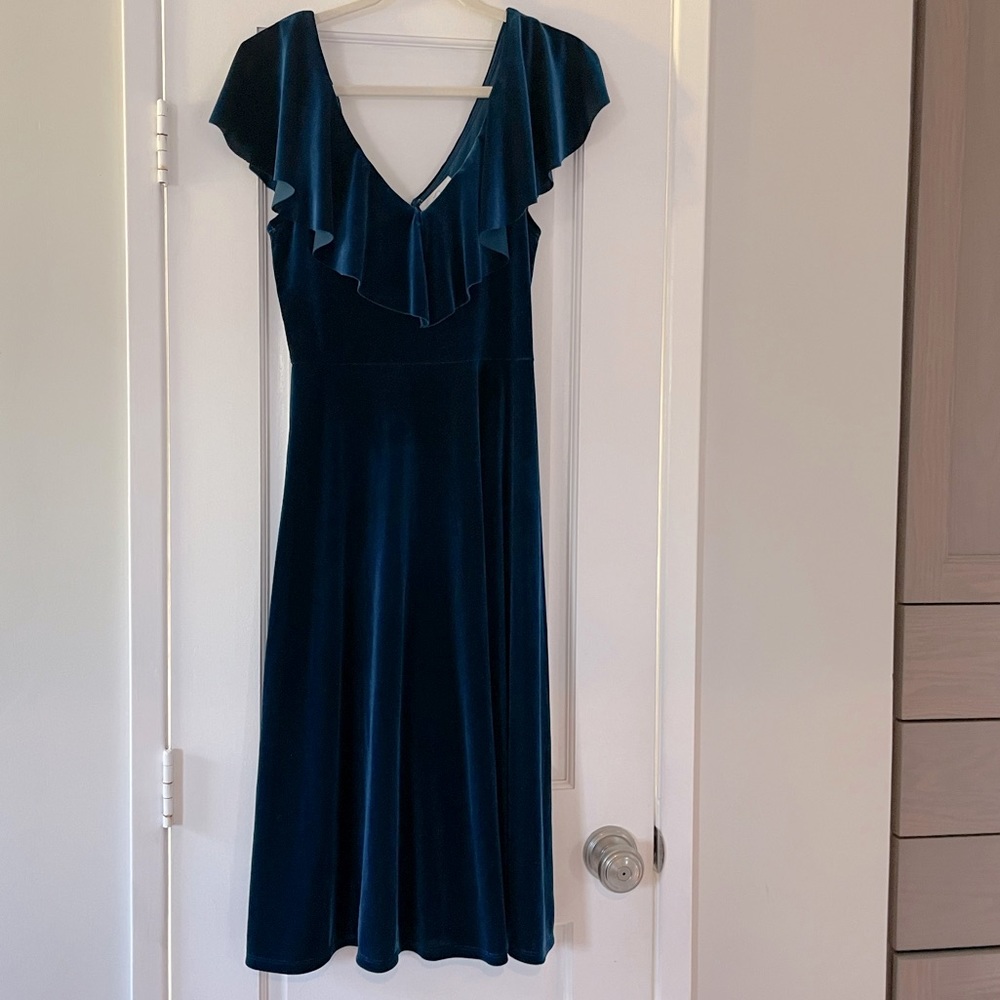 june & hudson Teal Velvet Midi Dress with Ruffle V-Neck - Picture 1 of 16